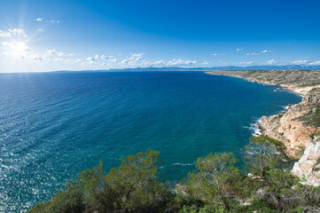 Views from the cliff of the Bay of Palma de Mallorca, Mediterranean sea, blue and sunny sky