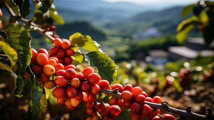 red coffee bean on the mountain top. - obrazy, fototapety, plakaty