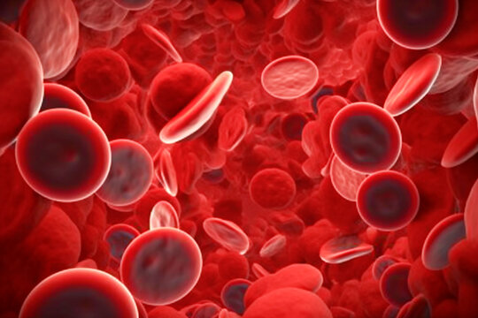 red blood cells flowing in a vessel, 3D illustration. Blood under a microscope. Red cells, red blood cells in detail, close-up.