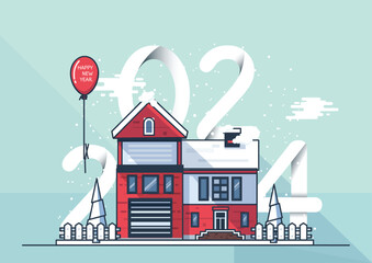 Welcome to the new year 2024. house covered number 2024 and lettering Happy New Year, a beautiful town in the city on the background