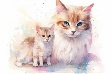 watercolor illustration of a cat and kitten. Generative AI