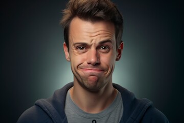 man squinting and grimacing in front of the camera in studio - obrazy, fototapety, plakaty