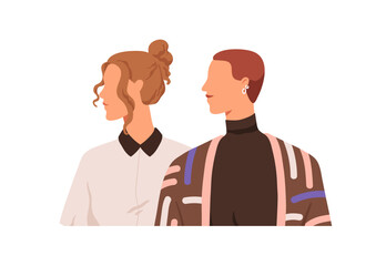 Young women looking in one direction. Girls couple, faces profiles, heads turned aside. Female friends together, neutral emotions, expression. Flat vector illustration isolated on white background