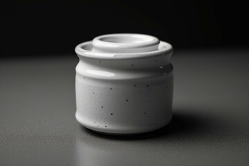 Monochrome ceramic salt container on plain backdrop, closeup. Simulation. Generative AI