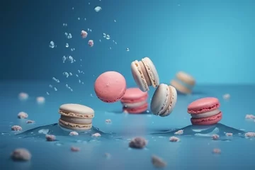 Foto auf Acrylglas Macarons Flying macaroon hearts on blue background. Levitating macaron cookies. Generative AI