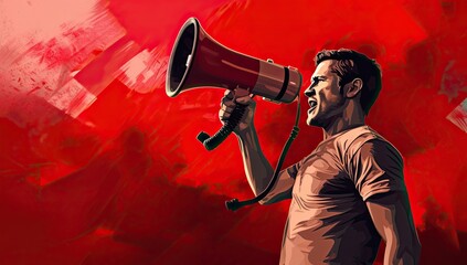 a man holding a megaphone in a red background, in the style of vintage