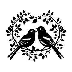 love birds, Wall Decals, Birds Couple in Love, Birds Silhouette on branch and Hearts Illustrations isolated on white background .Art Decoration