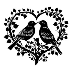 love birds, Wall Decals, Birds Couple in Love, Birds Silhouette on branch and Hearts Illustrations isolated on white background .Art Decoration