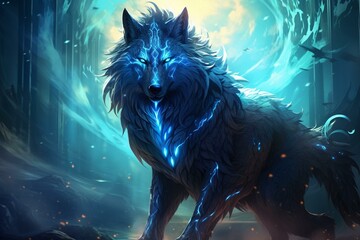Spiritually awakened wolf in a fantasy realm. Strikingly epic background. Generative AI