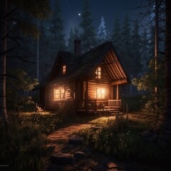 Fototapeta na wymiar A cozy mountain cottage is in beautiful night landscape scenery. Generative Ai.