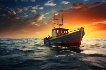 A fishing boat on the ocean. Generative AI
