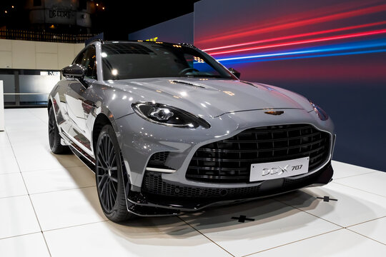 Aston Martin DBX 707 luxury SUV car at the Brussels Autosalon European Motor Show. Brussels, Belgium - January 13, 2023.