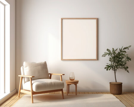 Modern minimal frame mockup, empty wooden picture frame mockup on table. Scandinavian interior design with elegant home office working space. Generative AI