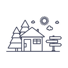 Cabin near the forest linear icon. Road sign near the cottage Christmas tree forest recreation in nature, vector illustration.