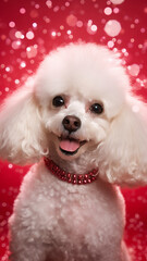 Fashionable dog, poodle on a red background. Christmas, New Year.