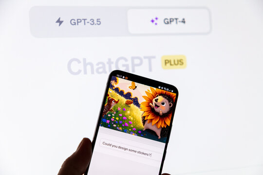 Hand holding mobile phone with Chat GPT interface showing image generated by ChatGPT and Dall-E 3 with text written in input box: Could you design some stickers? ChatGPT Plus GPT-4 homepage background