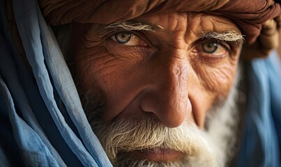 The close-up image reveals the intricate details of an old man's face, proudly displaying the symbols of ancient culture. - obrazy, fototapety, plakaty