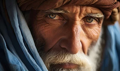 Foto op Canvas The close-up image reveals the intricate details of an old man's face, proudly displaying the symbols of ancient culture. © uhdenis
