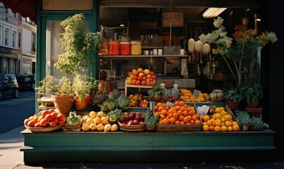 The quaint storefront of Carnets and Tomatoes Grocery Store showcases an array of fresh fruits and vegetables, including juicy tomatoes.