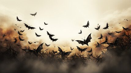 halloween background with pumpkins and bats - obrazy, fototapety, plakaty