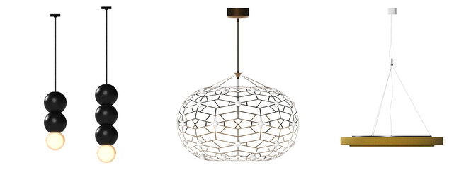 chandelier on the ceiling isolated on white background, hanging lamp, pendant light, 3D illustration, cg render