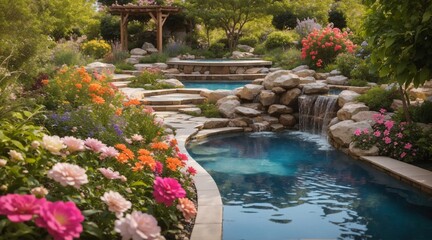 Fountain, artificial pond and flowers