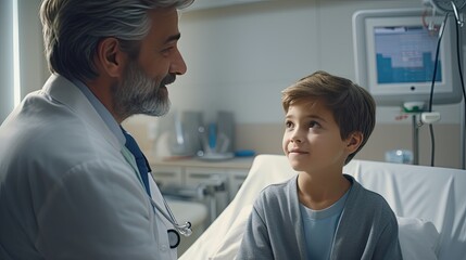 Doctor model in conversation with a child patient, instilling trust, set in a pediatric ward.