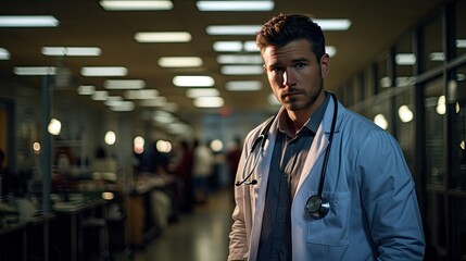 Doctor model pausing for a moment of reflection amidst a busy ER, set against a backdrop of medical chaos.