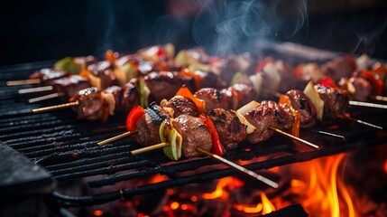 Delicious shashlik skewers with meat and vegetables on a charcoal grill outdoors - obrazy, fototapety, plakaty