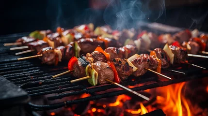 Fotobehang Delicious shashlik skewers with meat and vegetables on a charcoal grill outdoors © Ameer