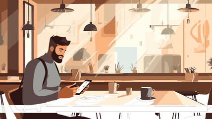 copy space, flat vector illustration, hand drawn, wireless Payments in a restaurant. Wireless or contactless payment in a restaurant. Wireless technology. Customer. Technology.