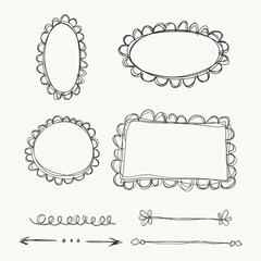 Doodle frames, hand drawn ornament divider set, vector illustration. Scalloped borders oval, circle, rectangular shape. Decorative isolated elements. Cartoon style banner collection