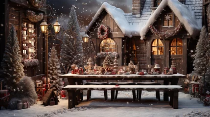Foto op Aluminium Christmas wooden house with table and bench, decorated for Christmas, lanterns, snow and snowflakes in winter © DigitalDreamscape