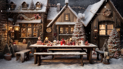Christmas wooden house with table and bench, decorated for Christmas, lanterns, snow and snowflakes in winter | Generative AI