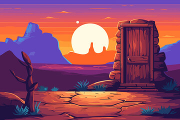 Wooden door in the desert. Wooden gate with a view of the desert. Natural landscape, path to the unknown. Horizon, sand, and boundless sky. Arch in the desert with sunset view. Illustration