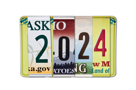 2024 written with US license plates, isolated on transparent background, png file