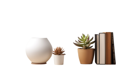 Lamp, books and succulent plant on the shelf against empty wall mockup 