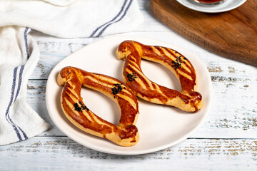 Turkish catal cookies. traditional flavors. Pastry Catal on wooden background. Close up