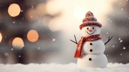 Obraz premium Merry christmas and happy new year greeting card with copy-space.Happy snowman standing in christmas landscape.Snow background.