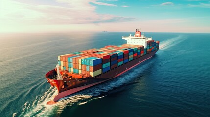 Panoramic front view of a cargo ship carrying containers for import and export, business logistic and transportation in open sea
