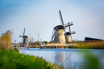 Naklejka premium dutch windmills across the river at sunn day