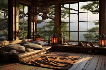 Tranquil room, natural setting , meditation , soft lighting.