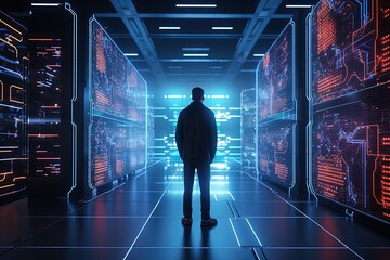 High-Tech Data Center with Business Person in Tron Neon Lights