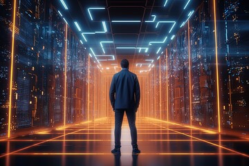 Obraz premium High-Tech Data Center with Business Person in Tron Neon Lights