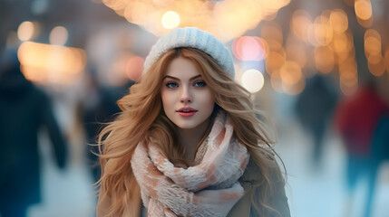 Pretty girl wearing a warm hat and scarf in a winter street