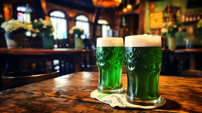 St. Patrick's day, green beer traditional drink in an Irish pub
