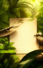 Sheet of old paper among green foliage