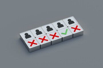 Selecting the best candidate. Climbing the career ladder. Meeting requirements for employment. Choosing the right employer. Check Mark, cross and human icon on cubes. 3d render
