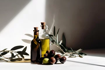 Fototapeten Olive oil. Bottle with olive and natural oil. Copy space © Iryna