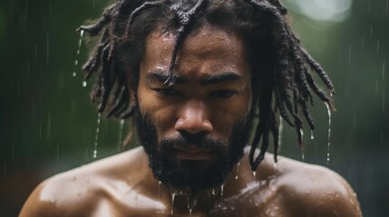 portrait of an afro-american man with curly hair, sweat, on the rain